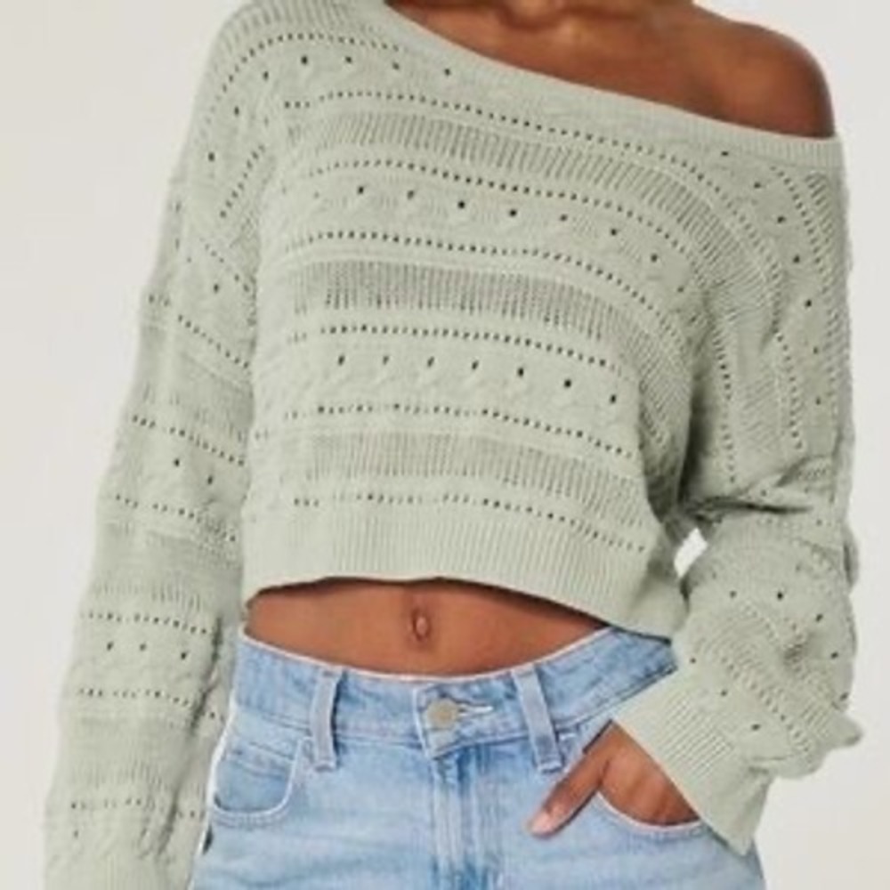 Hollister Sage Green Pointelle Cable Knit Cropped Sweater Womens XL Cotton‎ Boho